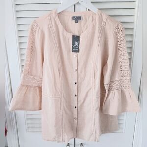 JM Collection Petite Peach Bell Sleeve Button Blouse NWT LP